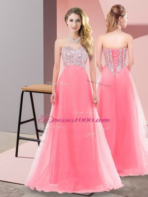 Sweetheart Sleeveless Prom Gown Floor Length Beading Watermelon Red Tulle