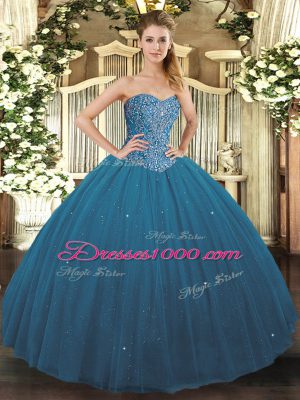 Deluxe Teal Sleeveless Tulle Lace Up Ball Gown Prom Dress for Military Ball and Sweet 16 and Quinceanera