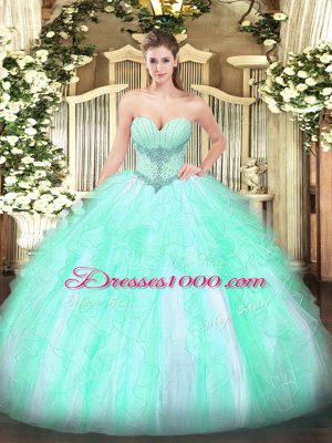 Sweetheart Sleeveless Vestidos de Quinceanera Floor Length Beading and Ruffles Apple Green Tulle