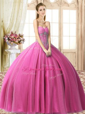 Deluxe Fuchsia Sweetheart Neckline Beading Quince Ball Gowns Sleeveless Lace Up