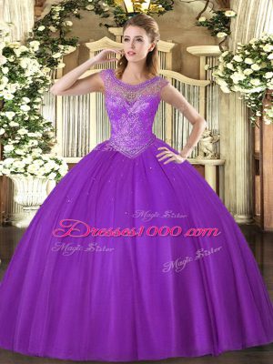 Ball Gowns Sweet 16 Quinceanera Dress Eggplant Purple Scoop Tulle Sleeveless Floor Length Lace Up