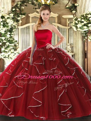 Fine Wine Red Sleeveless Floor Length Ruffled Layers Lace Up Vestidos de Quinceanera