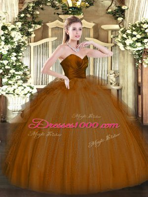 Hot Selling Brown Sweetheart Zipper Ruffles Ball Gown Prom Dress Sleeveless