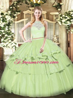 Stylish Sleeveless Floor Length Lace and Ruffled Layers Zipper Quince Ball Gowns with Olive Green