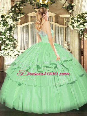 Stylish Sleeveless Floor Length Lace and Ruffled Layers Zipper Quince Ball Gowns with Olive Green