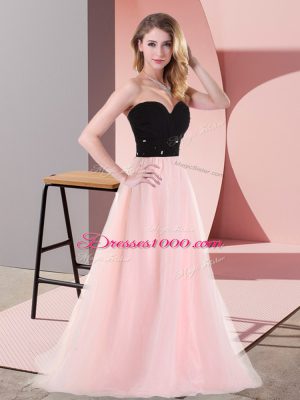 Fashionable Sweetheart Sleeveless Prom Party Dress Floor Length Belt Pink And Black Tulle
