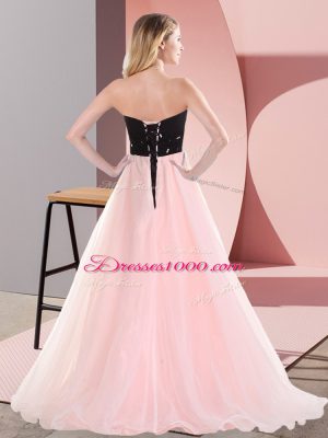 Fashionable Sweetheart Sleeveless Prom Party Dress Floor Length Belt Pink And Black Tulle
