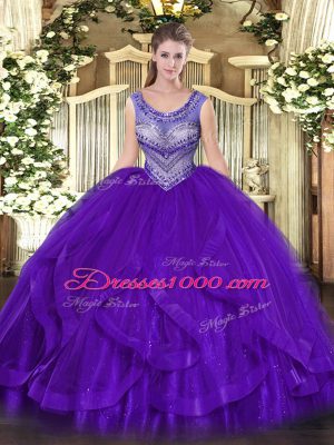 Floor Length Eggplant Purple Vestidos de Quinceanera Organza Sleeveless Beading and Ruffles