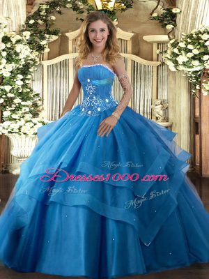 Baby Blue Ball Gowns Tulle Strapless Sleeveless Beading and Ruffled Layers Floor Length Lace Up Quince Ball Gowns