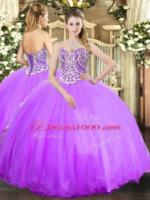 Amazing Lavender Tulle Lace Up Sweet 16 Dress Sleeveless Floor Length Beading