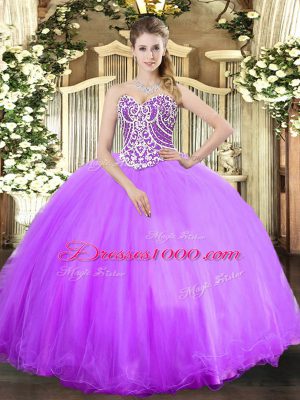 Amazing Lavender Tulle Lace Up Sweet 16 Dress Sleeveless Floor Length Beading