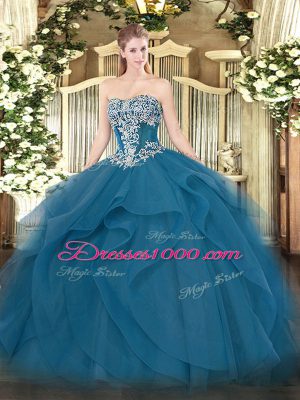 Fantastic Strapless Sleeveless Lace Up Sweet 16 Dresses Teal Tulle