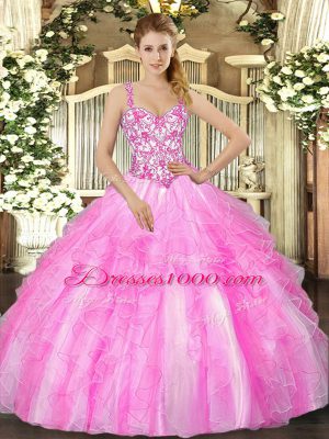Straps Sleeveless Organza 15 Quinceanera Dress Appliques and Ruffles Lace Up