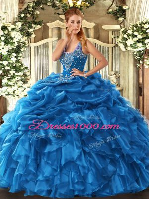 On Sale Blue Ball Gowns Organza Straps Sleeveless Beading and Ruffles and Pick Ups Floor Length Lace Up Quinceanera Dress