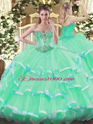 Apple Green Organza Lace Up Sweetheart Sleeveless Floor Length Sweet 16 Quinceanera Dress Beading and Ruffles