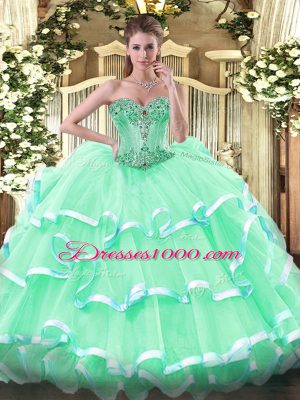 Apple Green Organza Lace Up Sweetheart Sleeveless Floor Length Sweet 16 Quinceanera Dress Beading and Ruffles