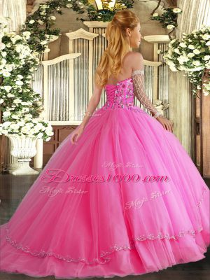 Modest Lace Up Ball Gown Prom Dress Blue for Military Ball and Sweet 16 and Quinceanera with Appliques and Embroidery Brush Train
