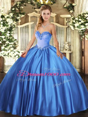 Designer Blue Lace Up Sweetheart Beading Ball Gown Prom Dress Satin Sleeveless