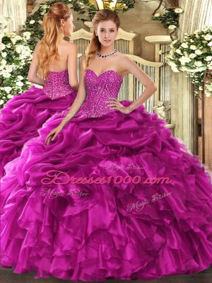 Fuchsia Quinceanera Dress Military Ball and Sweet 16 and Quinceanera with Beading and Ruffles and Pick Ups Sweetheart Sleeveless Lace Up