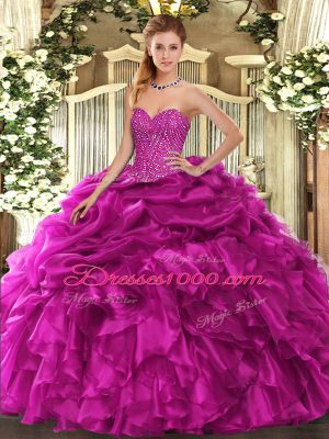 Fuchsia Quinceanera Dress Military Ball and Sweet 16 and Quinceanera with Beading and Ruffles and Pick Ups Sweetheart Sleeveless Lace Up