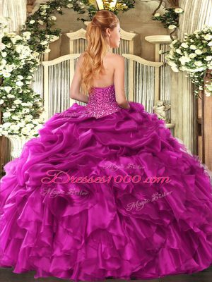 Fuchsia Quinceanera Dress Military Ball and Sweet 16 and Quinceanera with Beading and Ruffles and Pick Ups Sweetheart Sleeveless Lace Up