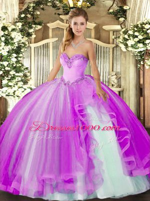 Traditional Floor Length Lilac Quince Ball Gowns Tulle Sleeveless Beading and Ruffles