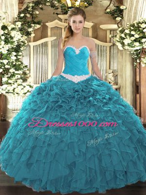 Sleeveless Floor Length Appliques and Ruffles Lace Up 15 Quinceanera Dress with Teal