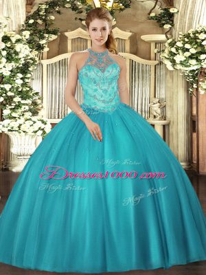 Ball Gowns Quinceanera Gown Teal Halter Top Satin Sleeveless Floor Length Lace Up