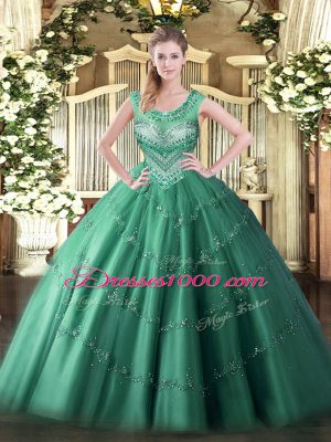 Decent Dark Green Sleeveless Beading and Appliques Floor Length Quinceanera Gowns