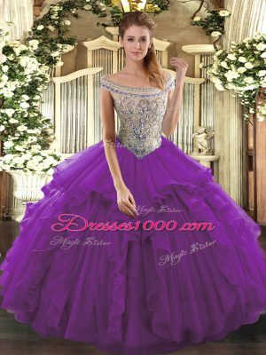 Trendy Sleeveless Tulle Floor Length Lace Up Quinceanera Gowns in Eggplant Purple with Beading and Ruffles