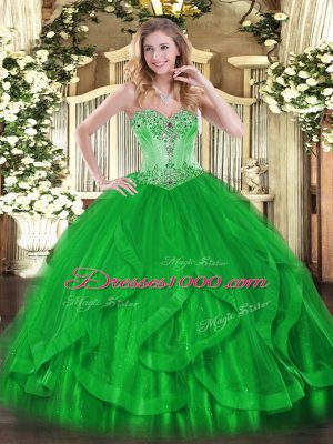 Edgy Green Quinceanera Dresses Sweet 16 and Quinceanera with Beading and Ruffles Sweetheart Sleeveless Lace Up