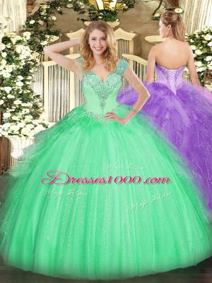 Apple Green Tulle Lace Up Ball Gown Prom Dress Sleeveless Floor Length Beading