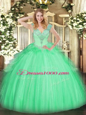 Apple Green Tulle Lace Up Ball Gown Prom Dress Sleeveless Floor Length Beading