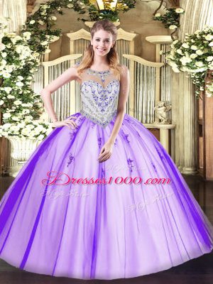 Lavender Ball Gowns Tulle Scoop Sleeveless Beading and Appliques Floor Length Zipper Quinceanera Gown