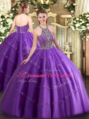 Halter Top Sleeveless Lace Up Ball Gown Prom Dress Purple Tulle