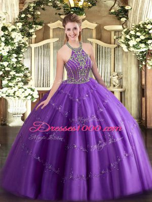 Halter Top Sleeveless Lace Up Ball Gown Prom Dress Purple Tulle