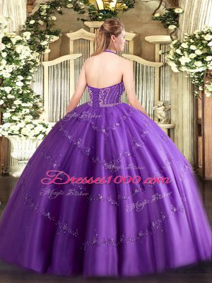 Halter Top Sleeveless Lace Up Ball Gown Prom Dress Purple Tulle