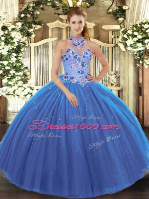 Tulle Sleeveless Floor Length Sweet 16 Dress and Embroidery