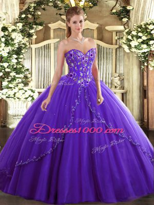 Simple Purple Sleeveless Appliques and Embroidery Lace Up Sweet 16 Dress