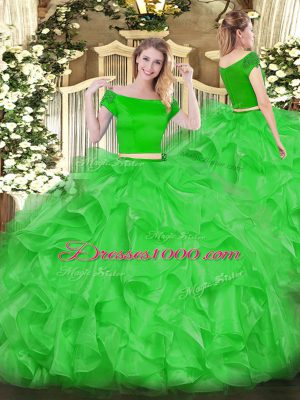 Fashion Green Short Sleeves Floor Length Appliques and Ruffles Zipper Sweet 16 Quinceanera Dress