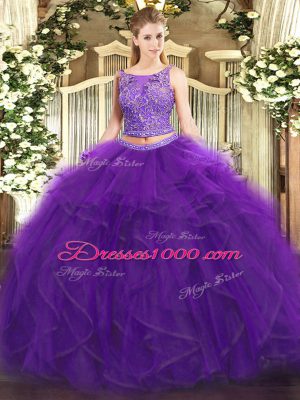 Suitable Floor Length Purple Sweet 16 Quinceanera Dress Tulle Sleeveless Beading and Ruffles