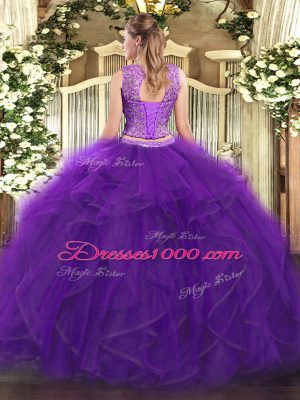 Suitable Floor Length Purple Sweet 16 Quinceanera Dress Tulle Sleeveless Beading and Ruffles