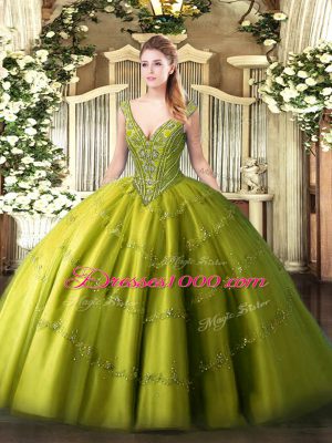 Edgy Sleeveless Floor Length Beading and Appliques Lace Up 15th Birthday Dress with Olive Green