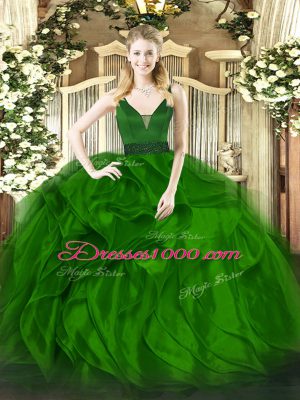 Green Ball Gowns Straps Sleeveless Organza Floor Length Zipper Beading and Ruffles Sweet 16 Dress