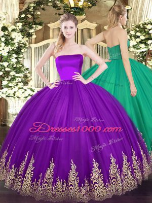 Beauteous Floor Length Purple Quinceanera Gowns Tulle Sleeveless Appliques