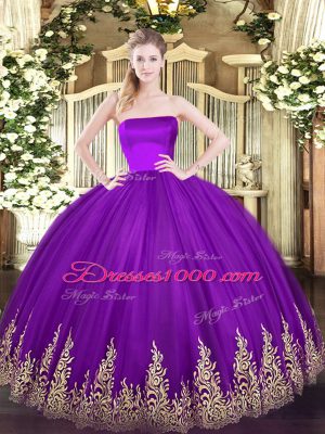 Beauteous Floor Length Purple Quinceanera Gowns Tulle Sleeveless Appliques