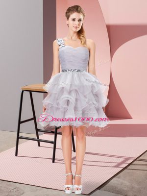 Grey Lace Up Dress for Prom Beading and Ruffled Layers Sleeveless Mini Length