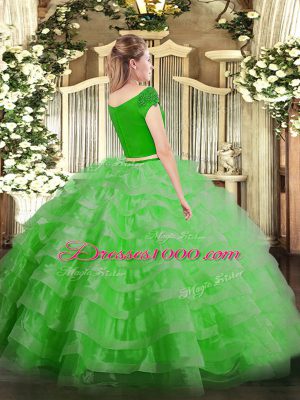 Best Selling Tulle Off The Shoulder Short Sleeves Zipper Appliques and Ruffled Layers 15 Quinceanera Dress in