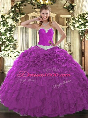 Fuchsia Ball Gowns Organza Sweetheart Sleeveless Appliques and Ruffles Floor Length Lace Up Quinceanera Gown