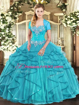 Floor Length Lace Up Quinceanera Gown Aqua Blue for Military Ball and Sweet 16 and Quinceanera with Beading and Ruffles